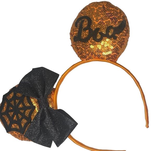 Disney Mickey Mouse Ears Halloween Headband Orange Black Boo Sequins Spider Web - Picture 1 of 5